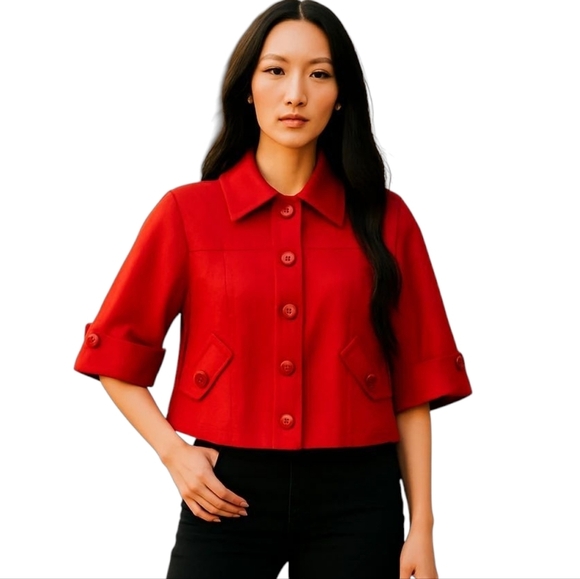 Red Blazer Linen blend Office Siren blazer boxy cropped tailored  Nygard  sz 4P - Picture 1 of 13